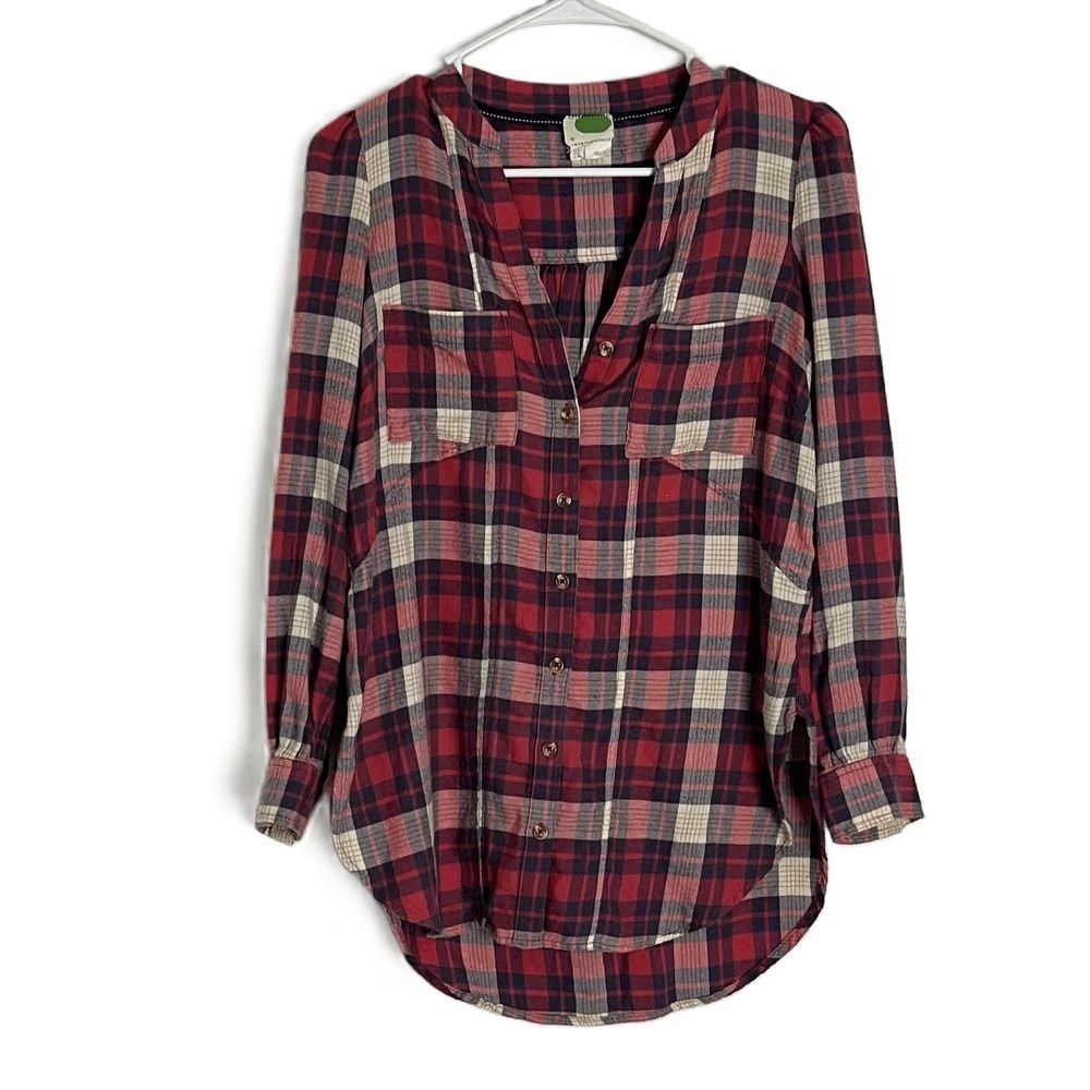 Anthropologie Red Plaid Long Sleeve‎ Collared Shirt Size US 0